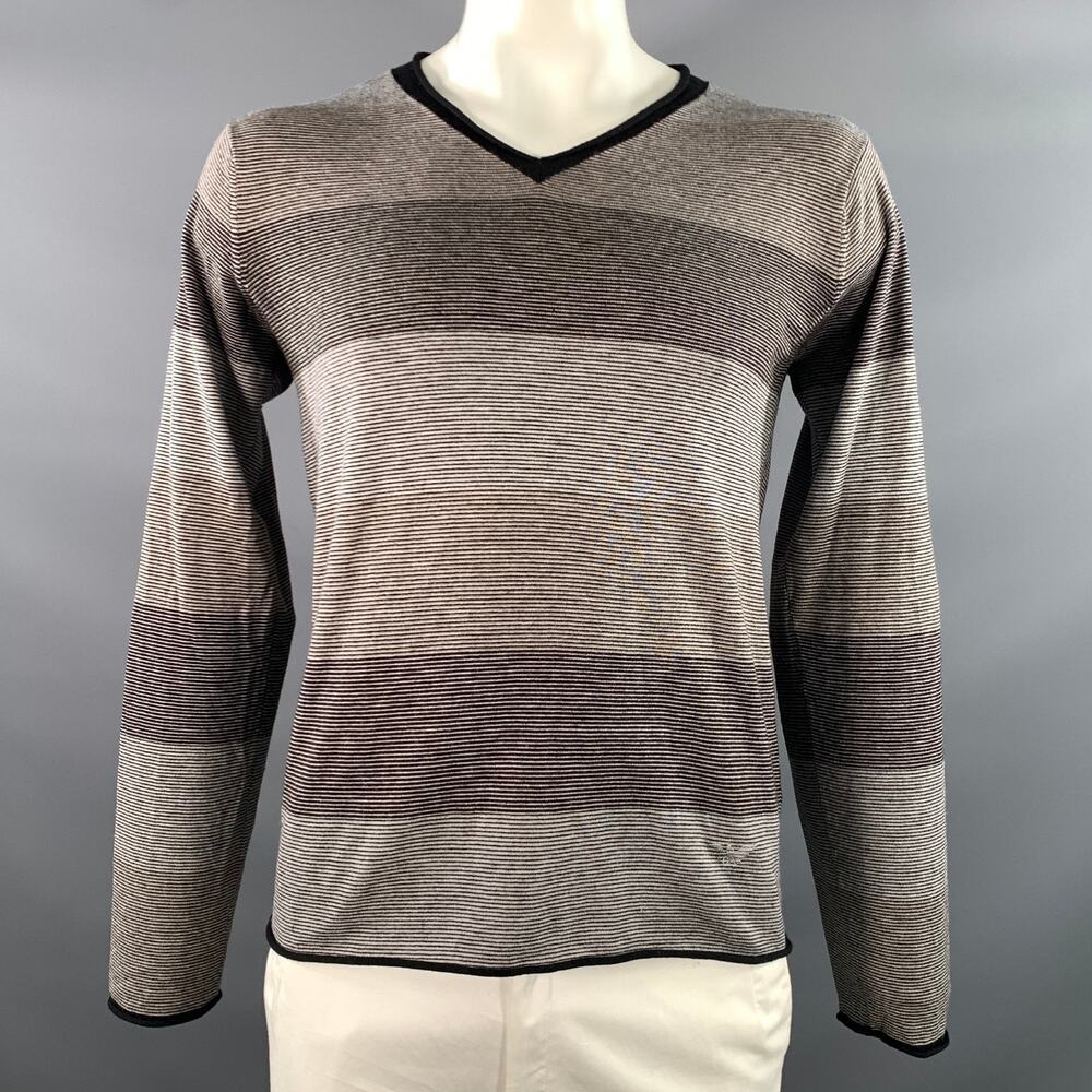 EMPORIO ARMANI Size L Grey Black Stripe Wool Silk V Neck Pullover